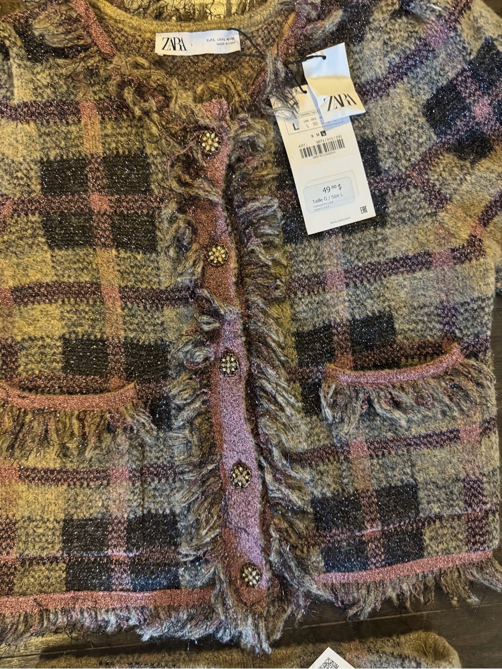 Zara 2 Piece Plaid Tweed Fringe Jacket & skirt in Pink, Black & Cream - Picture 2 of 2